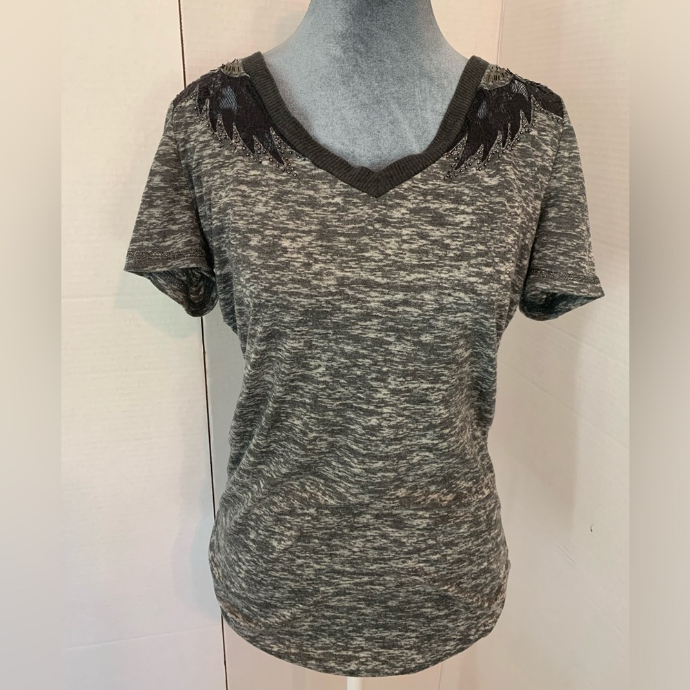 Miss Me Rockabilly Lace Beaded Burnout Short Sleeve Bling Top Size Large Country